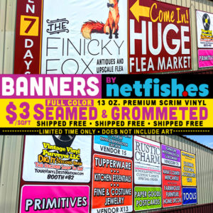 banners by netfishes. $3/sqft, full-color, 13 oz premium scrim vinyl, shipped free • shipped free • shipped free. Limited time only • Does not include art.